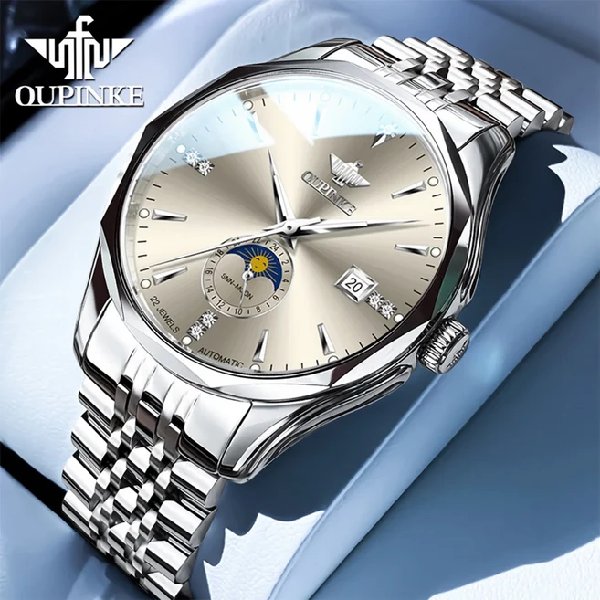 보관함 케이스 OUPINKE 3275 남성용 시계 고급 사파이어 오토매틱 기계식 방수 야광 문페이즈 날짜 선물, 01 빠른  Mainland, 02 Sliver Grey