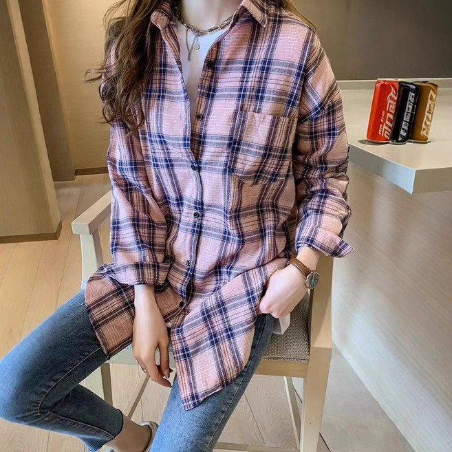 여성용 데일리 빅사이즈 긴팔 캐주얼 남방 루즈핏 자외선 차단 체크 셔츠