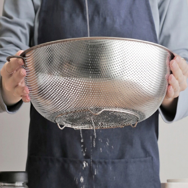 아이데이 다용도 스테인레스 손잡이 티공 채반 바구니 세척 배수 야채 샐러드 주방 부엌 스텐 믹싱 볼, 상세페이지 참조, 1개