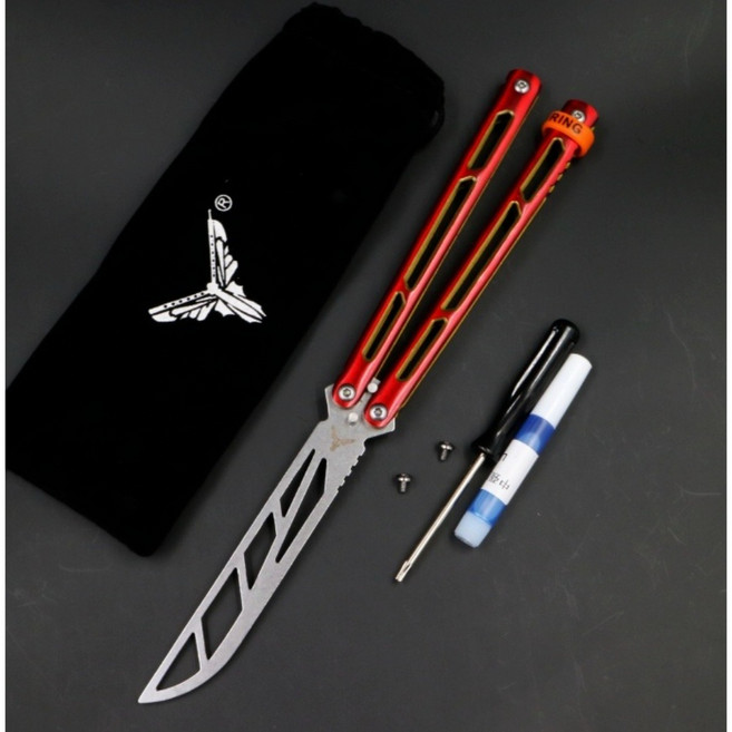 발리송 나비 칼 연습용 칼 던지기 칼 원날 포켓 칼, 레드 및 골드 투톤 핸들, 1개