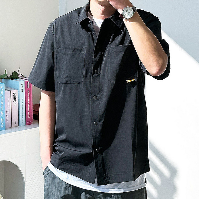 핏콕 남성용 여름 오버핏 반팔 셔츠 스판 우븐 카라 나일론 워크셔츠