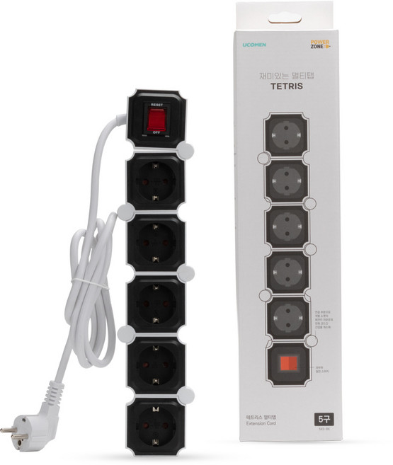 파워존 테트리스 5구 멀티탭 1.5m 화이트+블랙 고용량 메인스위치 접지, 1개, 화이트블랙