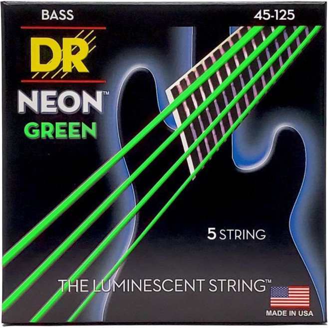 DR Strings NGB5-45 Hi-Def 네온 그린 K3 코팅 베이스 기타 현 - .045-.125 미디엄 5현