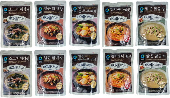 청정원 호밍스 소고기미역국+맑은닭곰탕+얼큰닭개장+얼큰순두부+김치콩나물국 (총) 한세트 450g