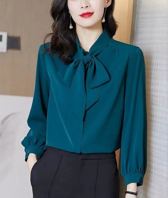 해피유통 중년 엄마 긴팔 셔츠 빅사이즈 리본 데일리 출근 셔츠