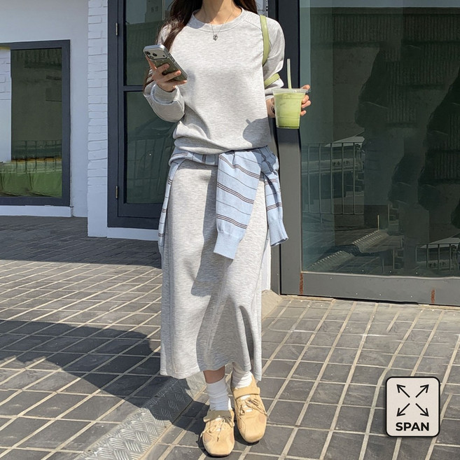 앤샵 여성용 데일리 나그랑 맨투맨 뒷트임 롱 스커트 트레이닝 상하 세트 빅사이즈 스우니