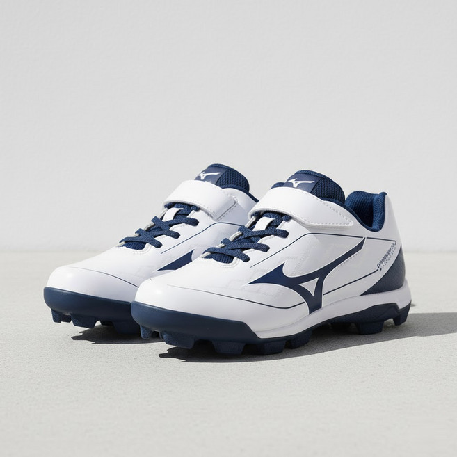 (190-240mm) 미즈노 유소년 아동용 포인트 인조잔디화 야구화 3E발볼(편안한핏) 화이트 네이비