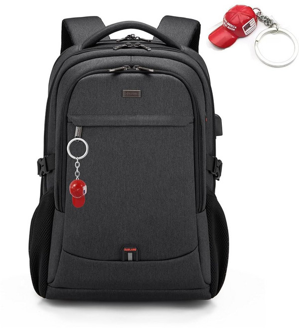 DUSLANG 여행용 17인치 노트북 백팩 방수 대학 남성용 가방 USB 충전 포트 포함 블랙., big, 30191 Red Hat 메탈 키체인 포함