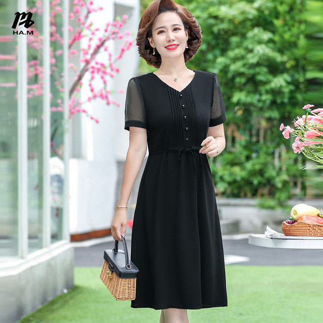 HAM 여름 롱 원피스 V넥 반팔 루즈핏 A라인 바캉스 휴양지 빅사이즈 여름 시원한 쉬폰 원피스