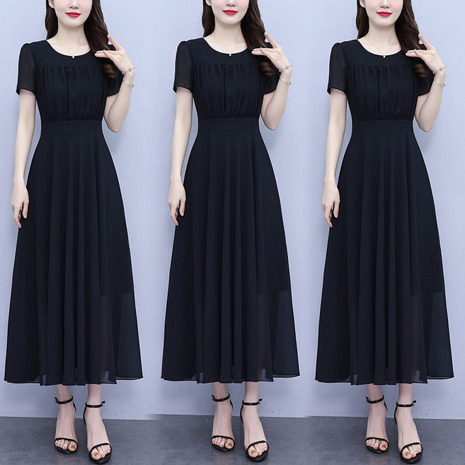 중년 여성 반팔 쉬폰 원피스 봄 여름 기질 프리미엄 롱 원피스 패션 솔리드 쉬폰 치마 YHY