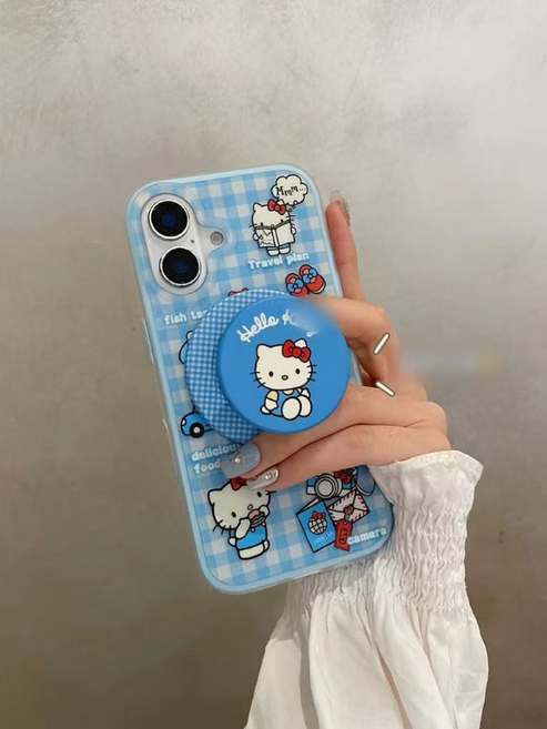 블루 체크 키티 고양이 맥세이프 아이폰 16 프로 케이스+ 그립톡 업그레이드