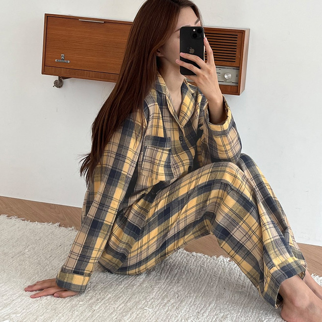 엘라운지 체크 공용 면기모 방구석 파자마 상하세트