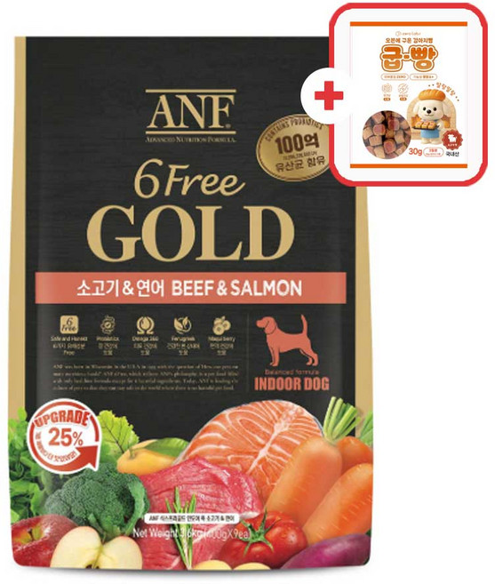 ANF 식스프리골드 인도어 어덜트 강아지사료 + 증정 강아지간식, 1개, 3.6kg, 소+연어