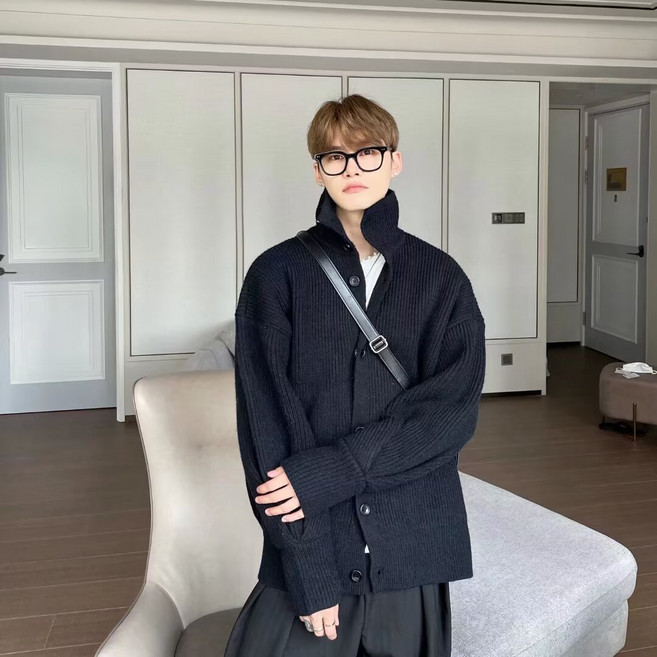 ANYOU 남자 니트 가디건 하이넥 집업 스웨터 루즈핏 카디건 아우터 가을 겨울 남성 니트자켓