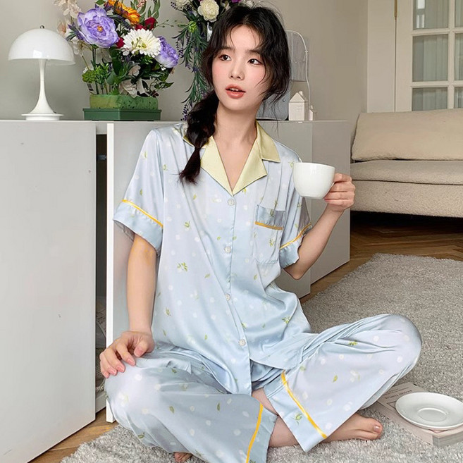 AQWA 冰絲絲綢女士短袖睡衣家居服兩件套