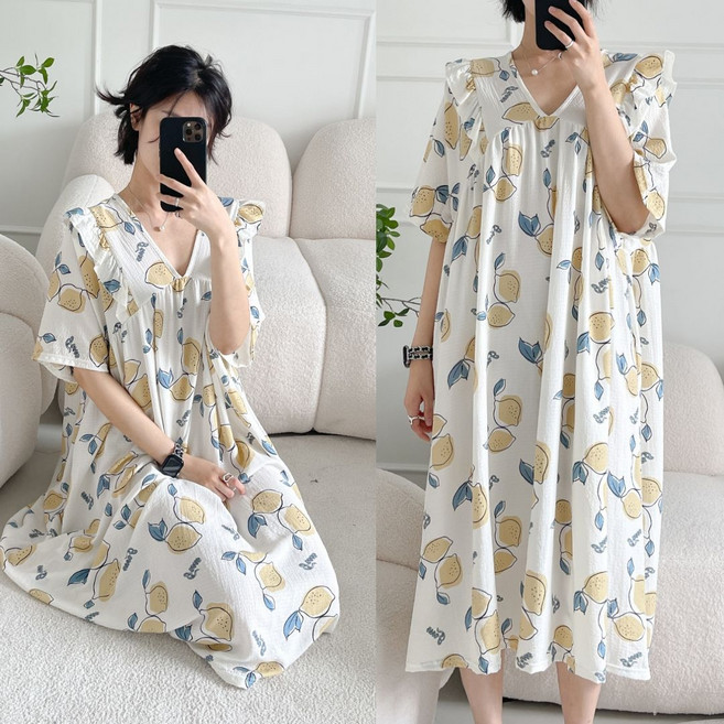 리즈온 여성 빅사이즈 잠옷 원피스 프릴 파자마 원피스잠옷 홈웨어 임산부잠옷
