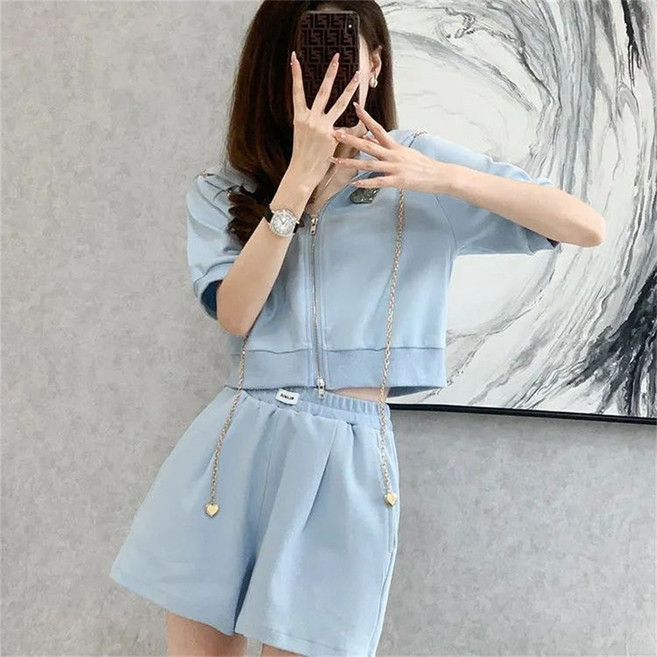 besteffie 투피스세트 여성 여름 캐주얼 코튼 투피스 후드 집업 반소매 상하의 하이웨스트 반바지 K51