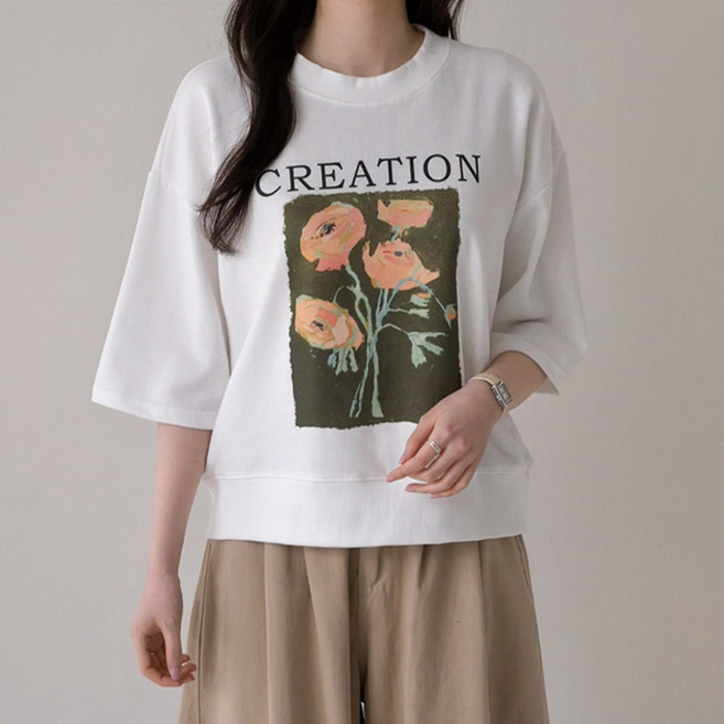 데일리앤 플라레 여성 코튼 쭈리 7부 반팔 티셔츠 레터링 플라워 프린팅 맨투맨 티 봄 여름