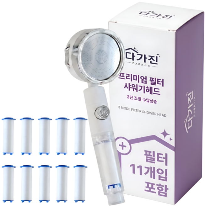 DAGAJIN 고압 수압상승 필터 샤워기 헤드+필터11p 세트 온오프 샤워기헤드, 화이트, 1개