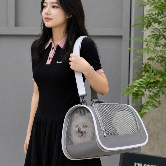WHH 반려동물 이동가방 강아지 고양이 이동식 캐리어 크로스 숄더백, 1개, 그레이