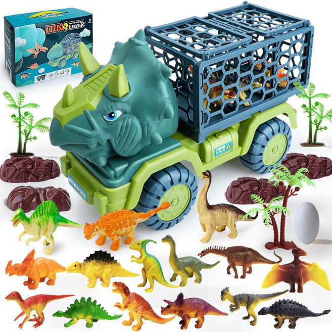 DINO truck 三角龍造型恐龍運輸車, 1個, 三角龍運輸車【15恐龍1蛋3樹4石頭】