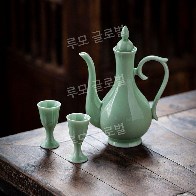 루모 고량주잔 바이주 세트 이과두 수정방 전통 백자 중국 6컵 선물용 트레이 유기 술잔, 청자 (냄비에 2 컵) 반 고양이