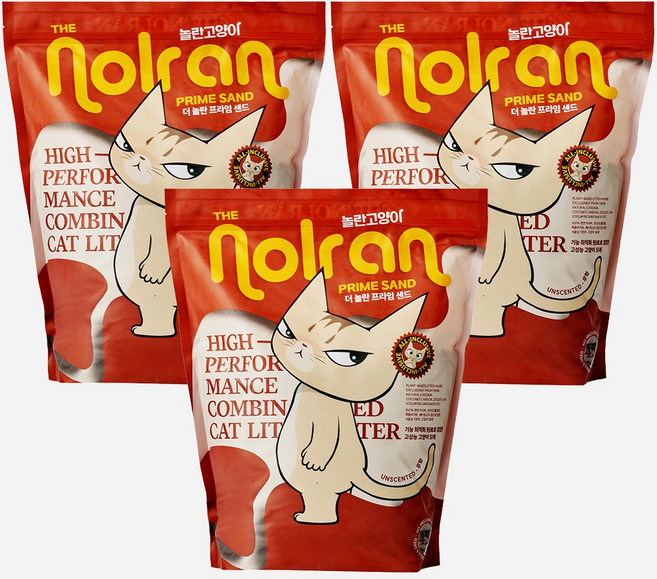 놀란고양이 신개념 카사바모래 더 놀란 프라임 샌드 고양이모래 강력 탈취 응고 4.5kg x 3 (총 13.5kg), 1세트/무향, 3개, 13.5kg