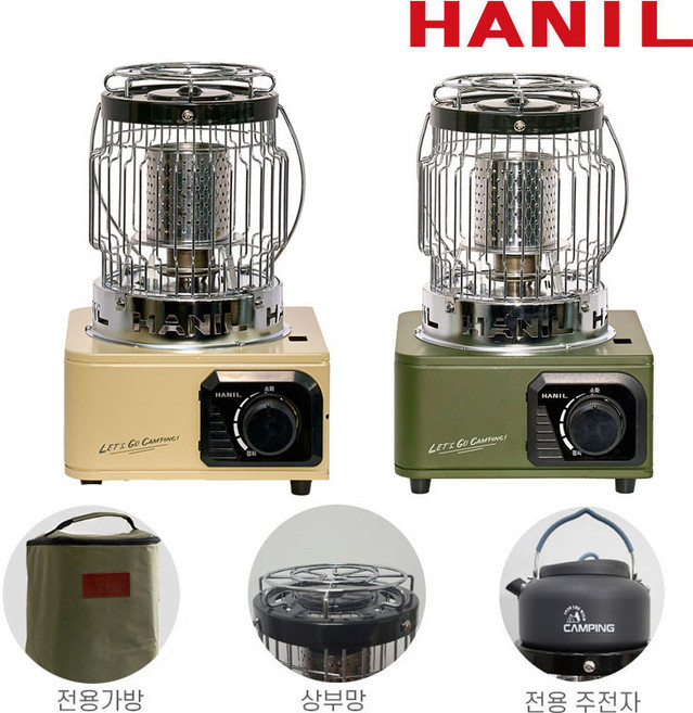 한일 캠핑 가스 난로 히터 낚시 야외용 전용가방 상부망포함 미니 가스난로 전용 주전자증정, GHM-1415K(카키)
