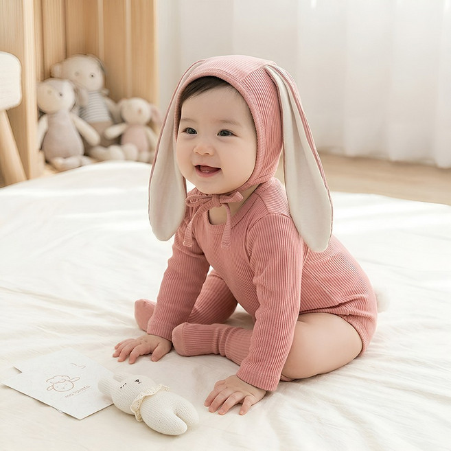 에뜨람 순면 아기 바디슈트 모자 3종 세트 보넷모자 우주복 실내복 신생아 백일 여아 남아 kc인증