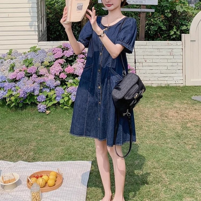 PEROLA 여성 여름 루즈핏 반팔 데님 원피스 라운드 퍼프소매 숏 A라인 데님 원피스