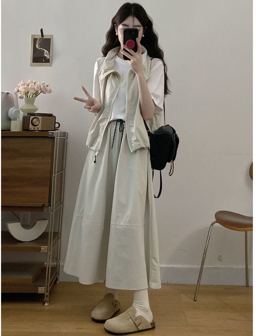 여성 캐주얼 아노락 트레이닝 세트 빅사이즈 후드 반집업 조끼 + 미디 A라인 스커트 투피스