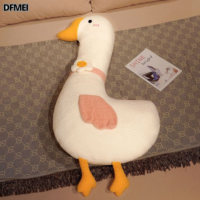 DFMEI 網紅大白鵝抱枕長條枕女生睡覺牀上枕頭超軟可愛毛絨娃娃靠枕牀頭, 粉色花瓣鵝