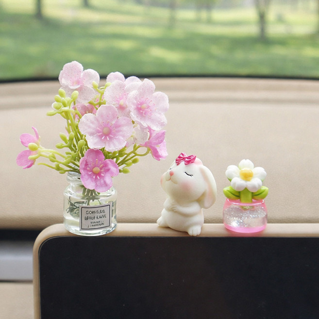 [MSMULTIVERSE] 힐링템 토끼 꽃 자동차 차량 대시보드 인테리어 꾸미기 피규어 소품 장식품, 1세트, 핑크 블라썸