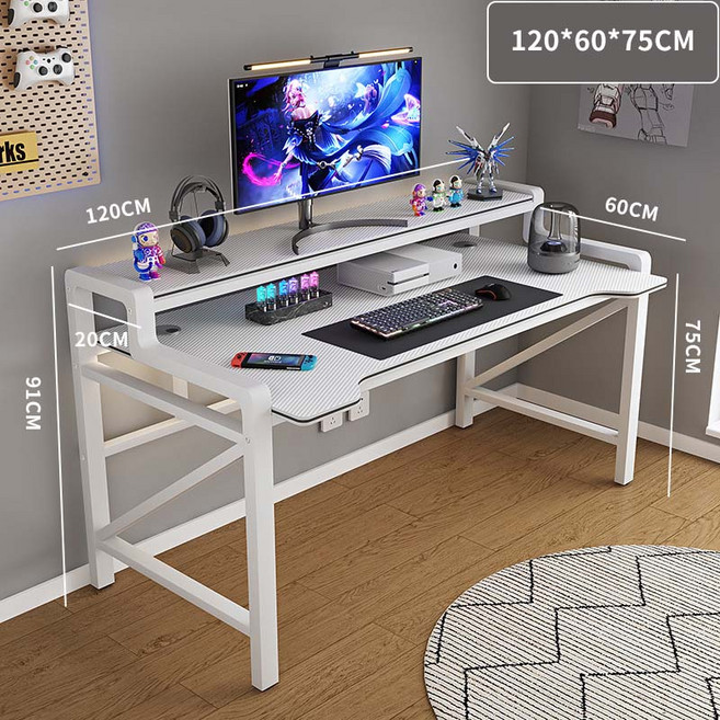 TixPra 카본 게이밍 컴퓨터 책상 1000 1200 모니터 받침대 선반 일체형 1인용 철제 데스크, 흰색