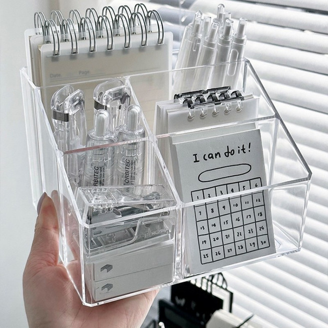 KOEWEI 다용도 아크릴 투명 대용량 연필꽂이 사무실 책상 수납함 데스크 오거나이저, 1개