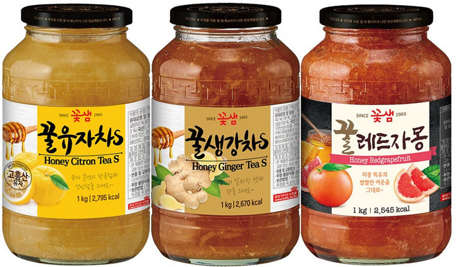 꽃샘 꿀유자차S +꿀생강차S +꿀레드자몽, 1kg, 3개, 1개입