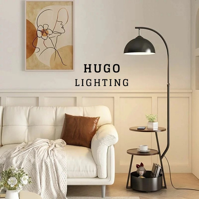 雨果燈飾 雙層桌面置物架 落地燈 閱讀燈, 白色 / 原木桌面(淺),附白光