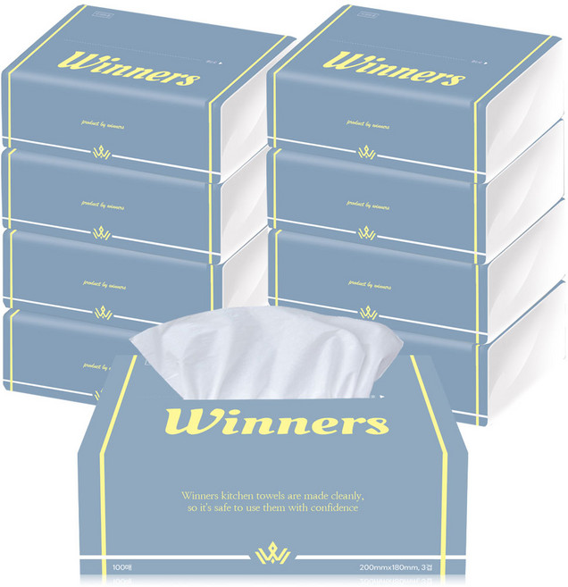 위너스 뽑아쓰는 키친타올 3겹 100매x9팩 천연펄프 100% 키친타월 주방 식당 캠핑 핸드타올겸용, 1세트, 900매입