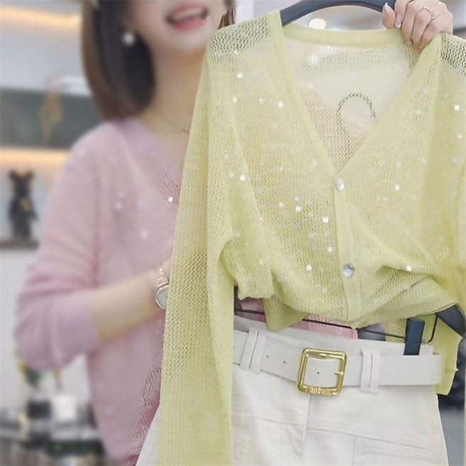 TKX 여성용 얇은 니트 가디건 브이넥 긴팔 심플 루즈핏 여름 간절기 데일리 엄마 상의