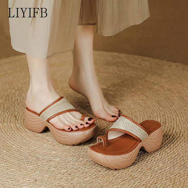LIYIFB 여성 라탄 쪼리 슬리퍼 통굽 7cm 발편한 키높이 뮬 슬리퍼