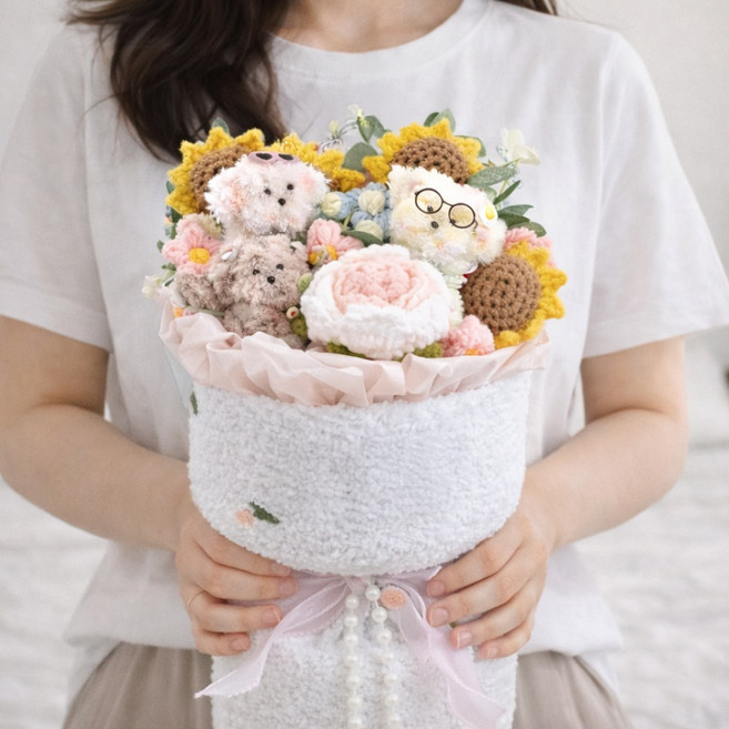 토이토 강아지 인형 꽃다발 종이가방 조화 졸업식 입학식 선물 세트, 1개, 핑크, 30cm