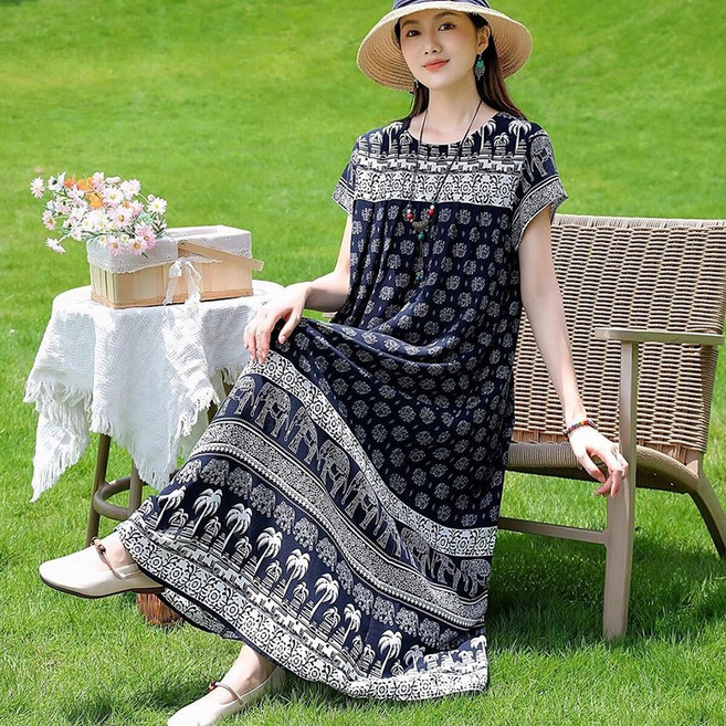 ORZQU 중년 여성 여름원피스 면 빅 사이즈 루즈핏 라운드넥 반팔 휴양지원피스 프린트 롱 스커트 홈웨어