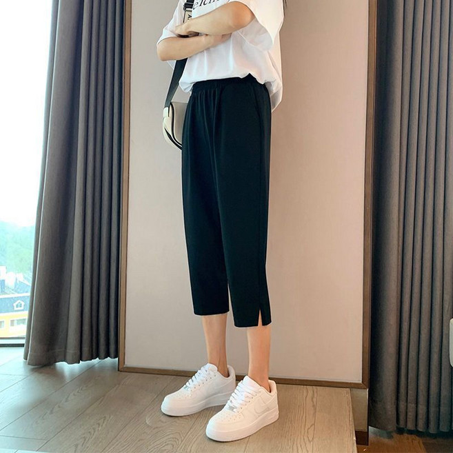 大尺碼長褲 七分褲胖mm300斤女夏松緊腰寬松加肥加大休閑高腰開叉哈倫褲