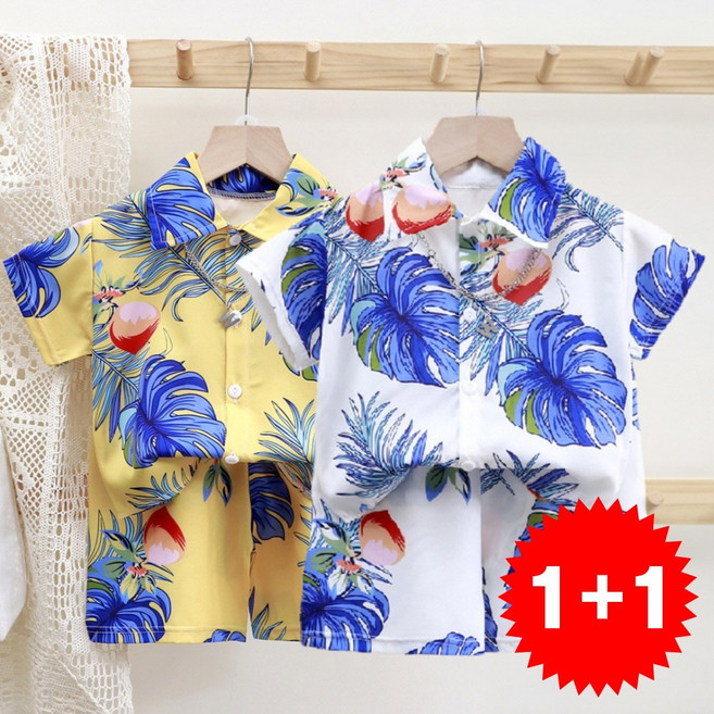 지디오 키즈 남아 여름 투피스 2개 세트 트로피컬 패턴 셔츠 밴딩 바지