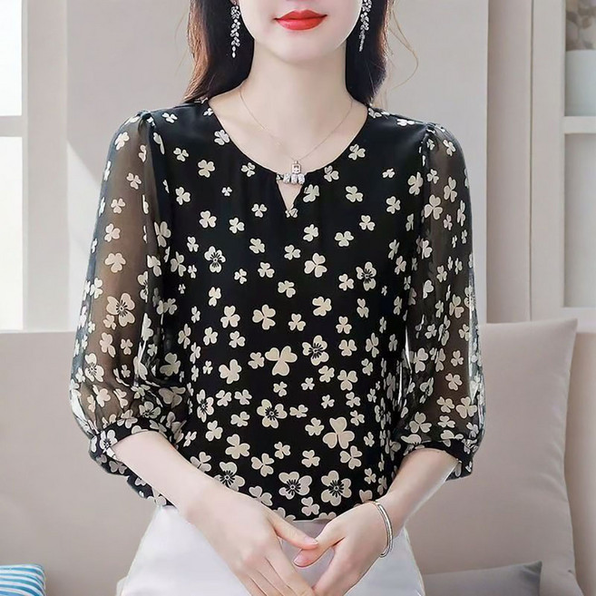 지고다그 여성 여름 엄마룩 쉬폰 블라우스 플라워 프린트 7부 소매 루즈핏 우아한 데일리 상의 TX236