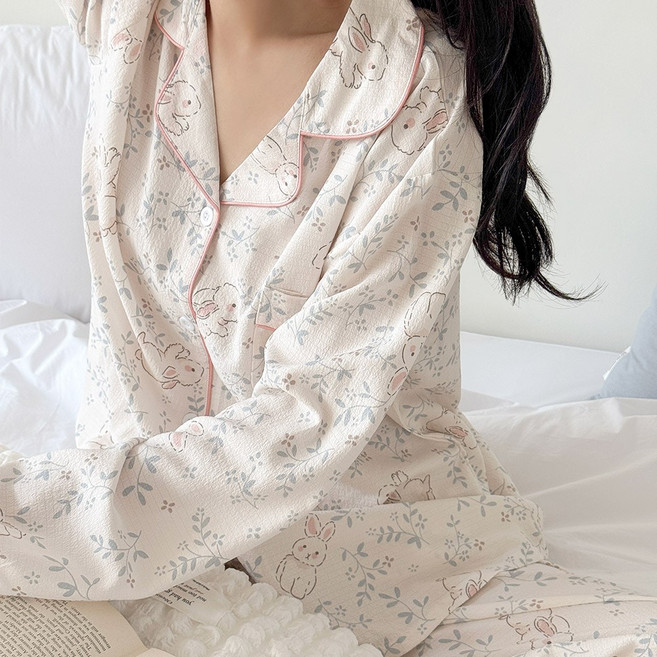 MUGIO 여성 소프트 긴팔 카라 파자마 수면 잠옷