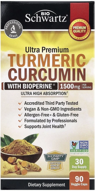 건강챙기세요 BioSchwartz 울트라 프리미엄 강황 커큐민 Bioperine® 함유 베지 캡슐 90정 백살까지오래오래, BioSchwartzBioPerine함유울트라프리미엄강, 1개 - 쿠팡
