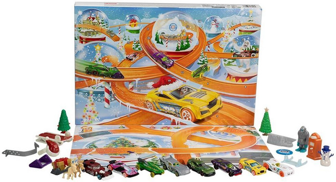 Hot Wheels Toy Cars 2024 재림절 달력 8 1:64 스케일 자동차 24개의 번호가 매겨진 문 뒤에 16개의 겨울 테마 액세서리 및 놀이 매트, Hot Wheels Toy Cars, 2024 재림절