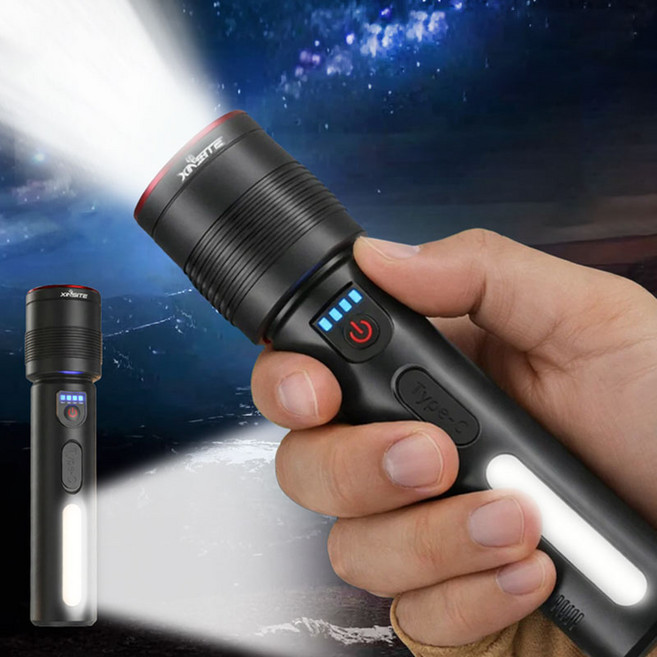 Eclairex 초강력 led 손전등 독일 야외 방수 장시간 항속 줌 후레쉬 대용량 전지 휴대용 손전등, 블랙, 1개