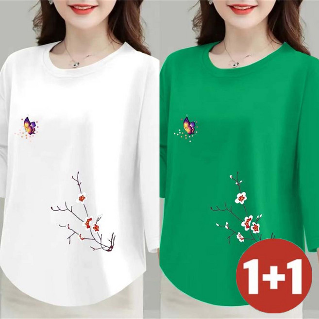 TKX 1+1 여성용 꽃무늬 나비 디자인 라운드넥 7부소매 티셔츠 중년여성 심플 스타일 KN53
